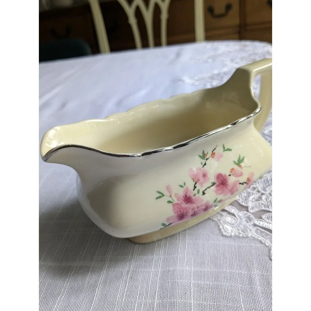 Vintage Canarytone Gravy Boat Cherry Blossoms Unmarked Silver Trim Porcelain